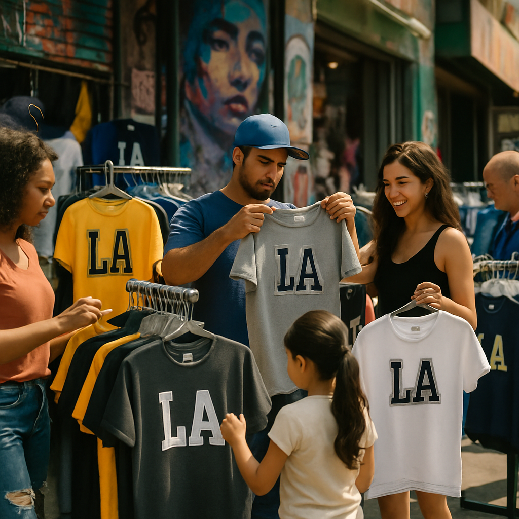 Photo of people shopping for official LA shirts in a lively Fashion District, displaying