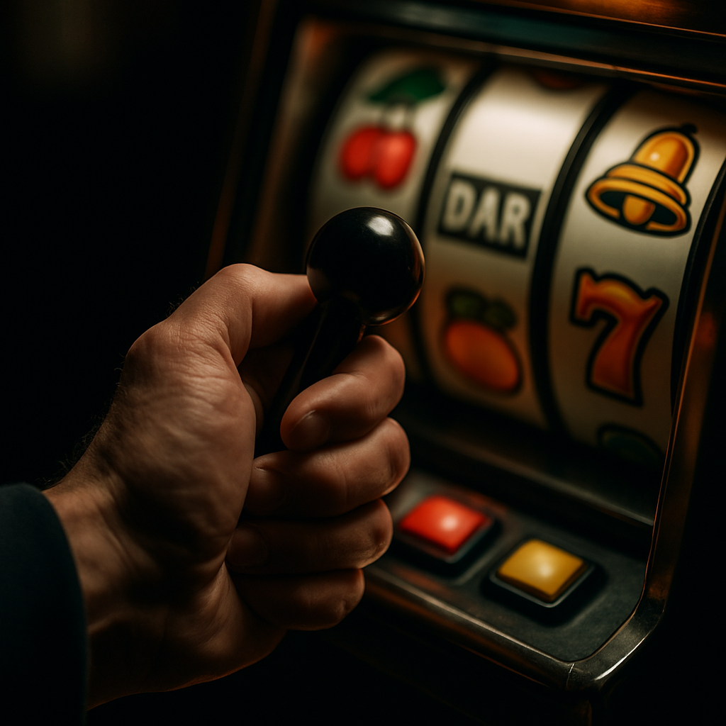 A close-up image of a hand about to pull a slot machine lever, reflecting