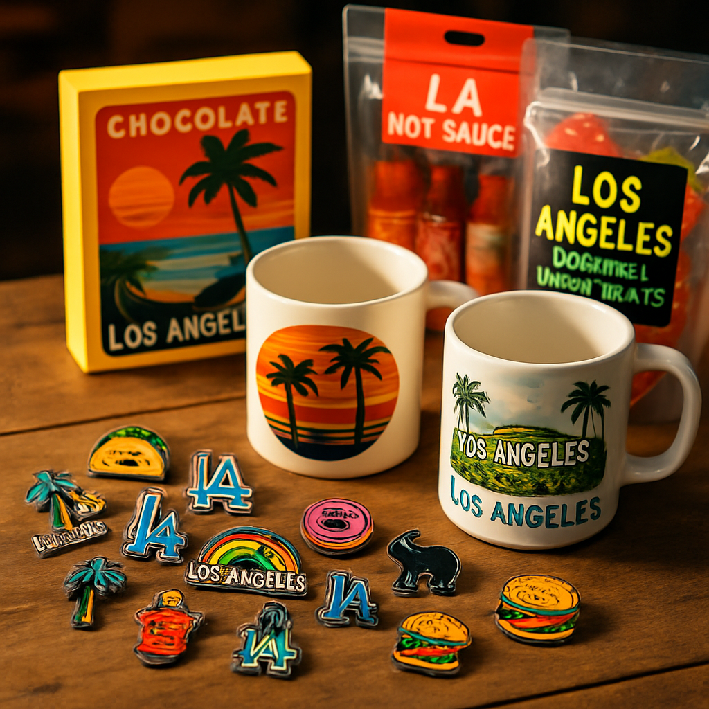 A collection of Los Angeles urban market souvenirs, including pins, mugs, and edible gifts,