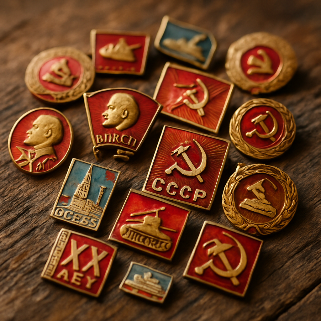 A colorful collection of vintage Soviet badges laid out on a wooden surface, with