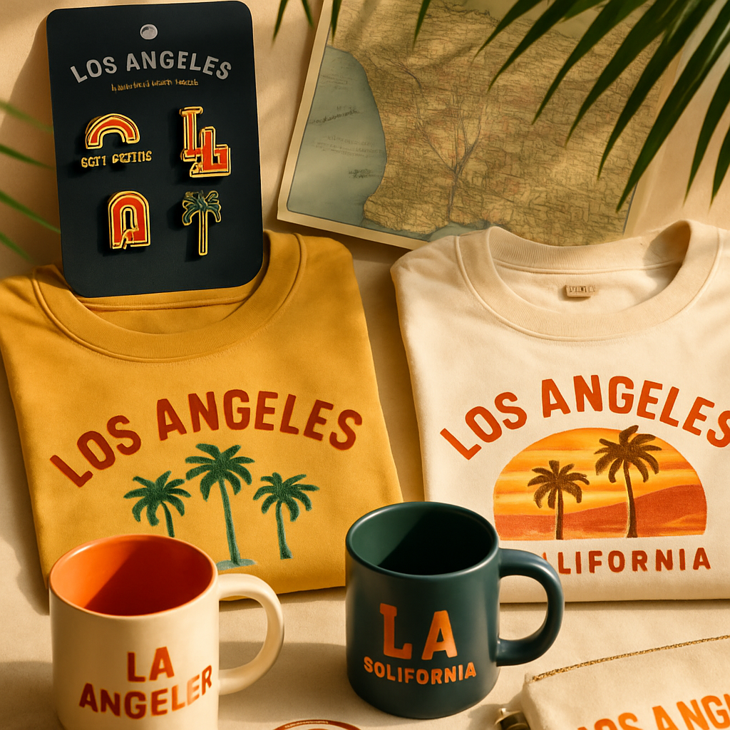 Flat lay photo showcasing unique LA-themed gifts such as pins, clothing, mugs; vibrant colors,