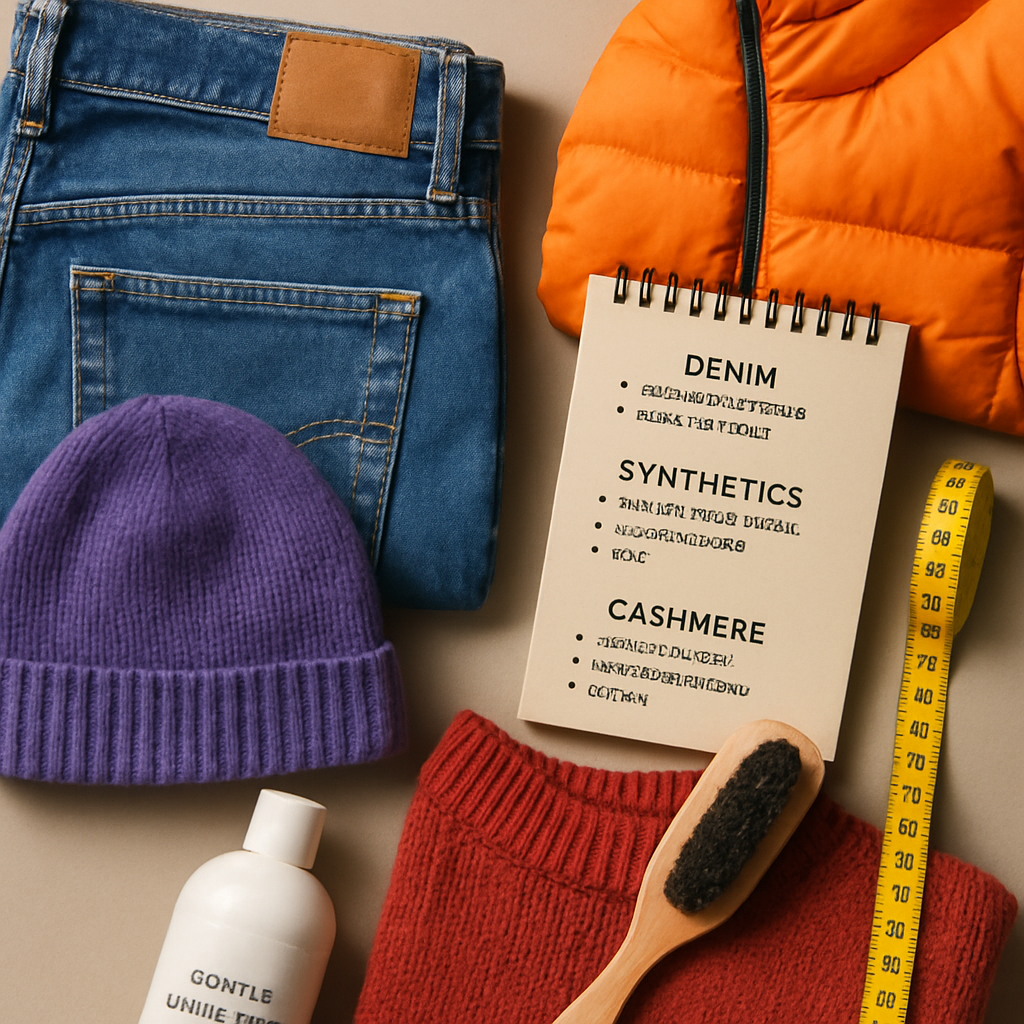 Flat lay showing urban merchandise care instructions with denim, synthetic clothing, and cashmere accessories